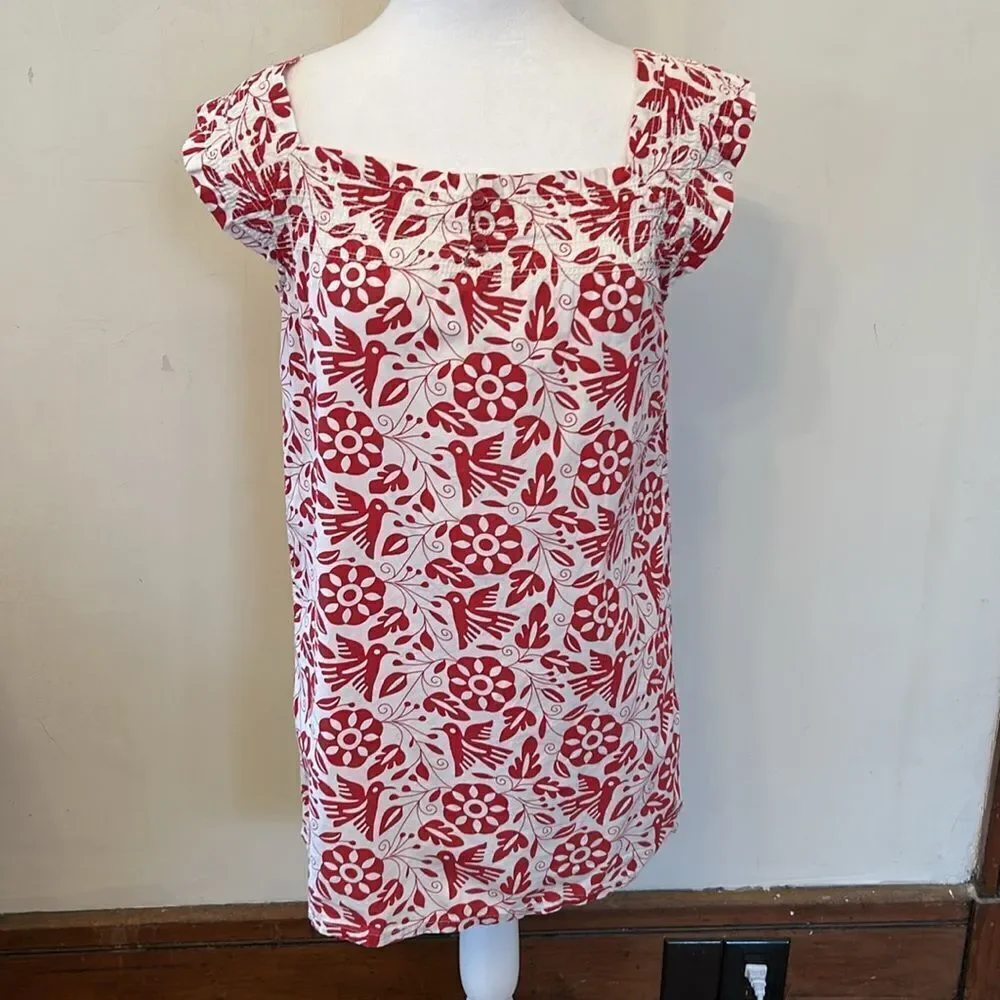 Tea Collection red white bird floral cap sleeve cotton dress Size 8 EUC